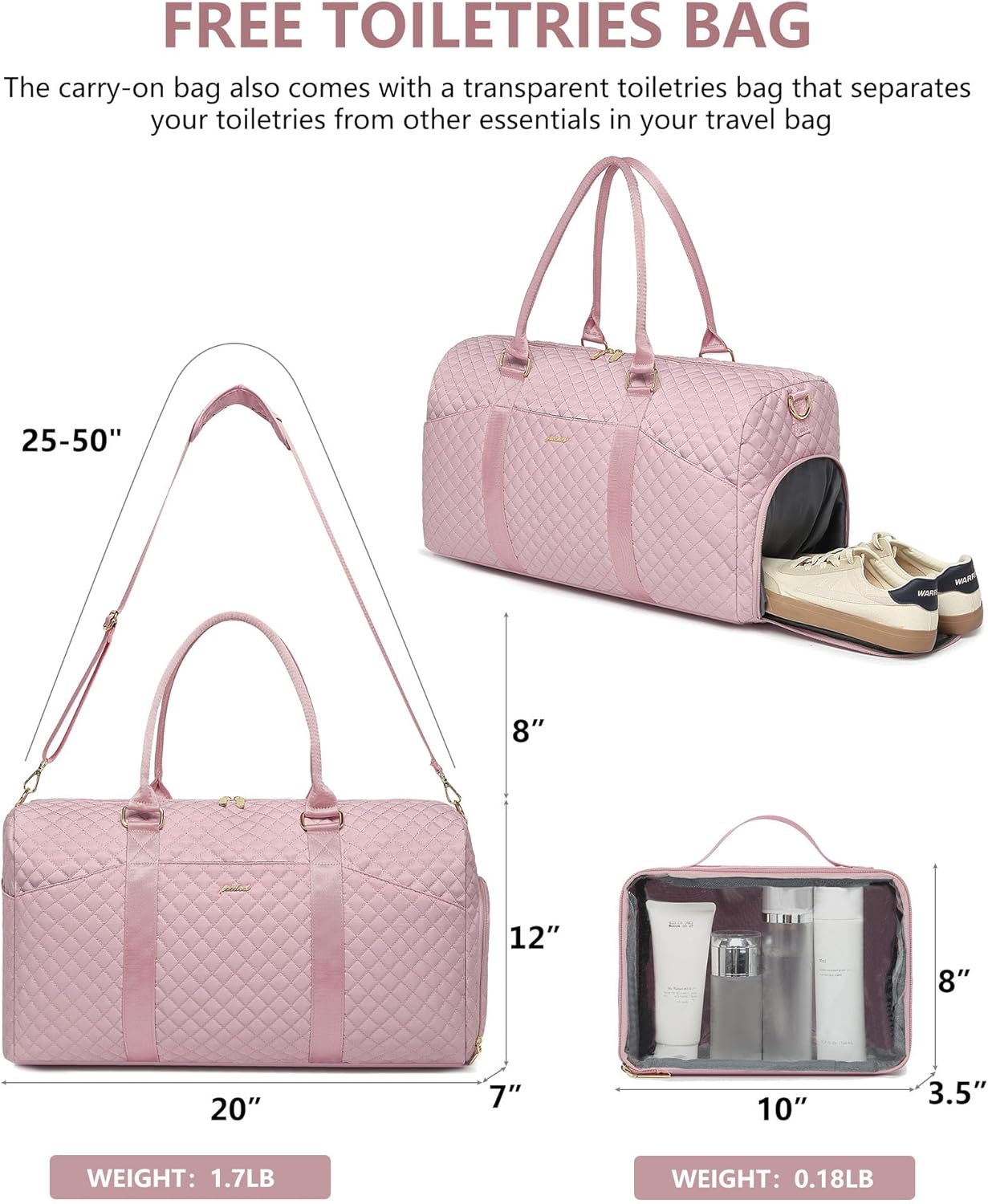 Women Weekender Travel Duffle Bag: Travel Duffel Overnight Bags with Shoe Compartment Large Carry on Tote Bag with Toiletry Bag Weekend Traveling Yoga Gym Hospital for Women with Wet Pocket Pink