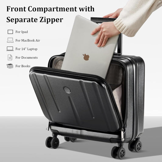 16 Inch Carry On Luggage with 2 Compartments for 14” & 15” Laptop, 16.14*8*17.12” Rolling Briefcase, Lightweight Hardshell ABS+PC Suitcase with Spinner Silent Wheels, for Business Trip, Black