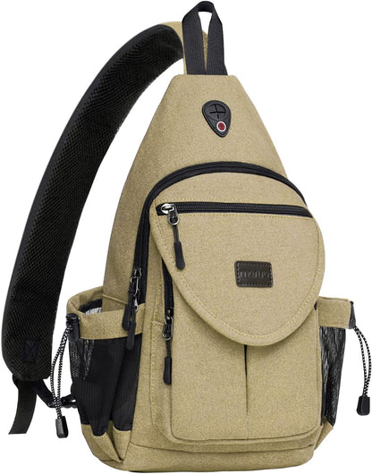 MOSISO Sling Backpack,Canvas Crossbody Hiking Daypack Bag with Anti-theft Pocket, Khaki