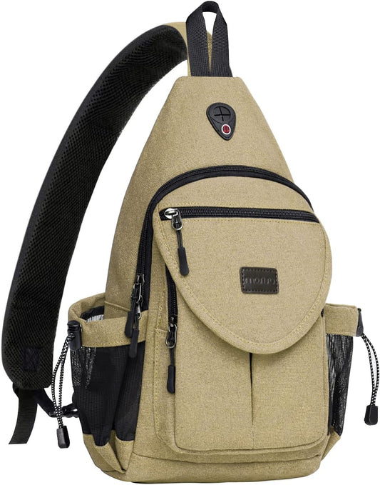 MOSISO Sling Backpack,Canvas Crossbody Hiking Daypack Bag with Anti-theft Pocket, Khaki