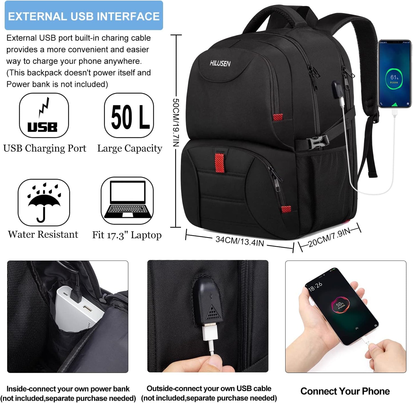HILUSEN Extra Large Backpack for Men 50L, Insulated Cooler Lunch Box Backpack, Water Resistant 17inch Travel Laptop Work Bookbag with USB Charging Port,Black