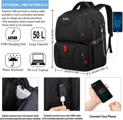 HILUSEN Extra Large Backpack for Men 50L, Insulated Cooler Lunch Box Backpack, Water Resistant 17inch Travel Laptop Work Bookbag with USB Charging Port,Black