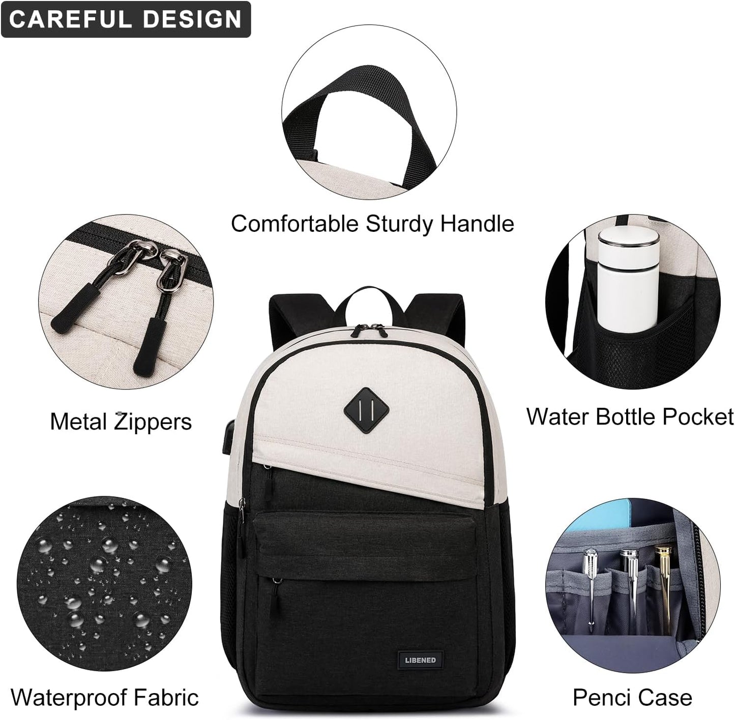 Backpack for Women, School Backpack with USB Charging Port for Teen Girls, 15.6 inch High College Bookbag Laptop Back Pack with Anti theft Water Resistant, Beige