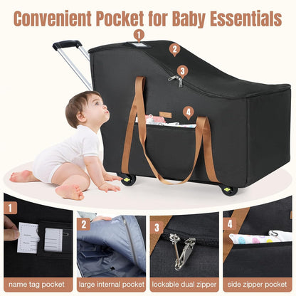 Infant Car Seat Travel Bag with Wheels Fits Chicco KeyFit 35, Doona Car Seat Stroller Base, Nuna Pipa, Padded Car Seat Bags for Airplane, Gate Check Bag, Removable Cover for Air Travel,Black-L