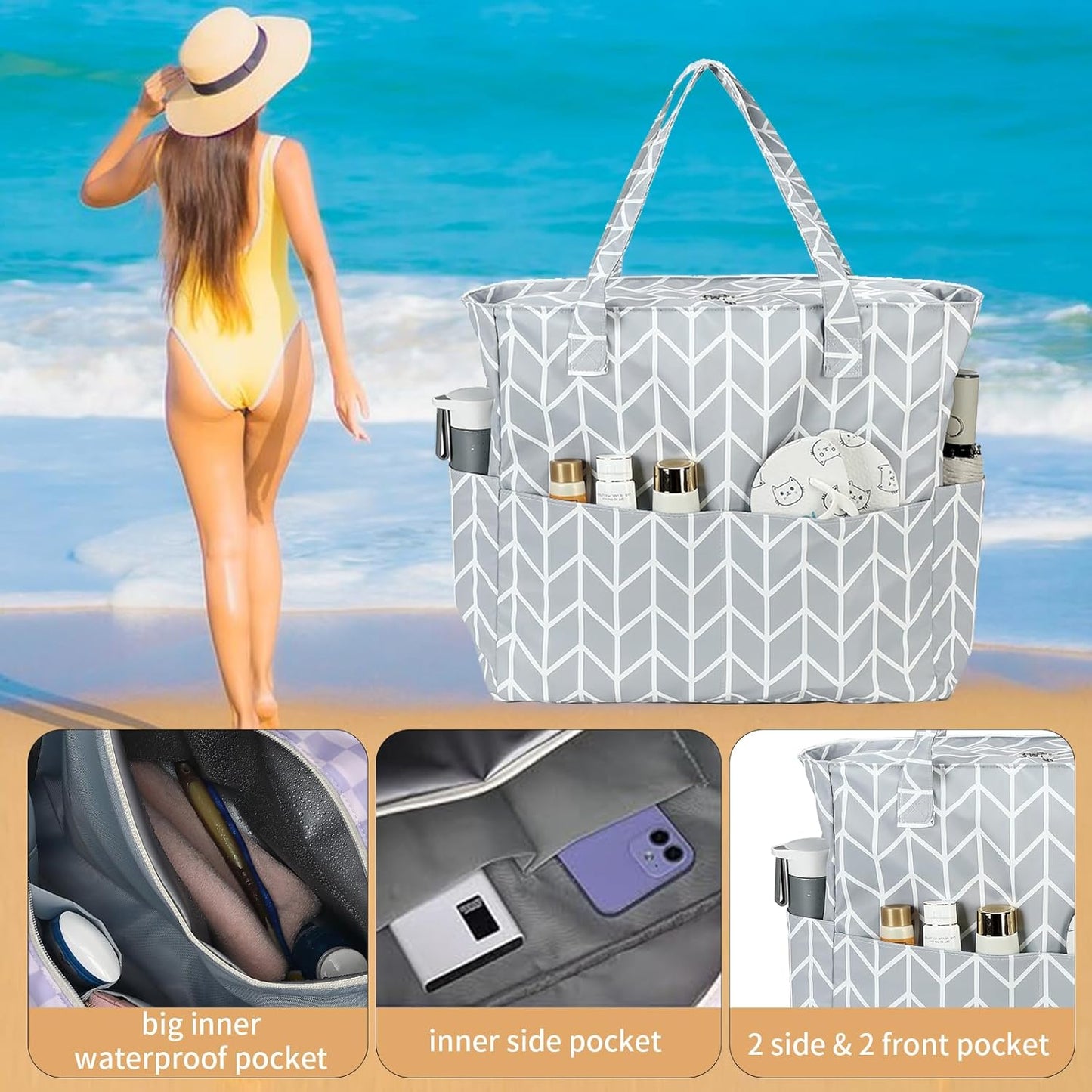 LEDAOU Beach Bag Waterproof Sandproof Women Tote Bag Pool Bag with Zipper for Gym Grocery Travel with Wet Pocket