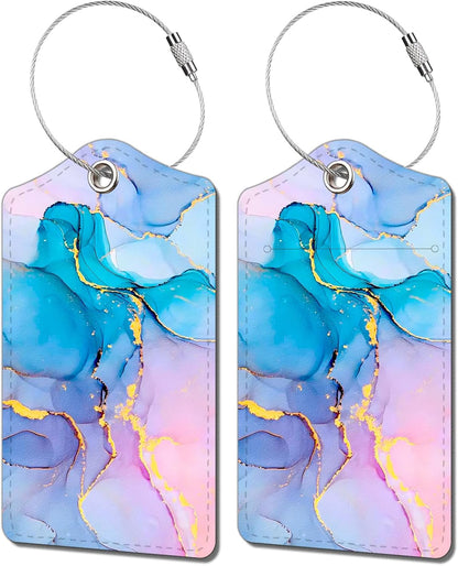 2 Pack Luggage Tag for Suitcase, Cute Unique Leather Bag Tags Identifiers Privacy Cover ID Label with Durable Steel Loop for Women Men Kids Girls Travel，Marble Blue