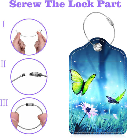 Luggage Tags for Suitcase Butterflies on Daisies in Forest 2 PCS Leather Travel Cruise Luggage Tag with Stainless Steel Loop Name ID Label Privacy Cover for Women Men Travel Bag Labels Set