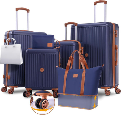 Hoteel 6 Piece Luggage Set with Spinner Wheels (4-YEAR WARRANTY), Carry on Luggage for Travel with TSA Lock, ABS+PC Hardshell Suitcase Set, 16"/20"/24"/28"+Duffel Bag+Cosmetic Bag(Dark Blue)