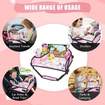Kids Travel Tray for Car Airplane - Car Seat Tray for Kids Travel, Toddler Carseat Lap Table, Road Trip Essentials, Lap Desk for Kid Roadtrip Activities, Pink Unicorn