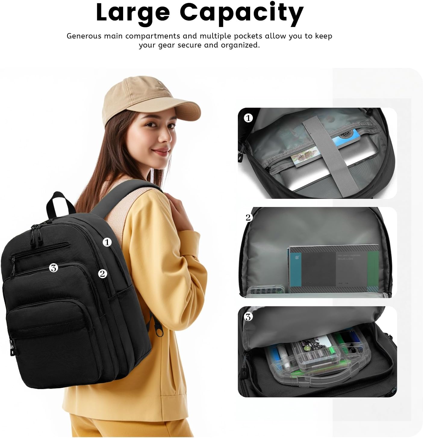 Lanola Basic Multi-Pocket Multipurpose Backpack Classical Water Resistant Student Bookbag For School Business Travel or Casual Daypack Backpacks for Men or Women - Black