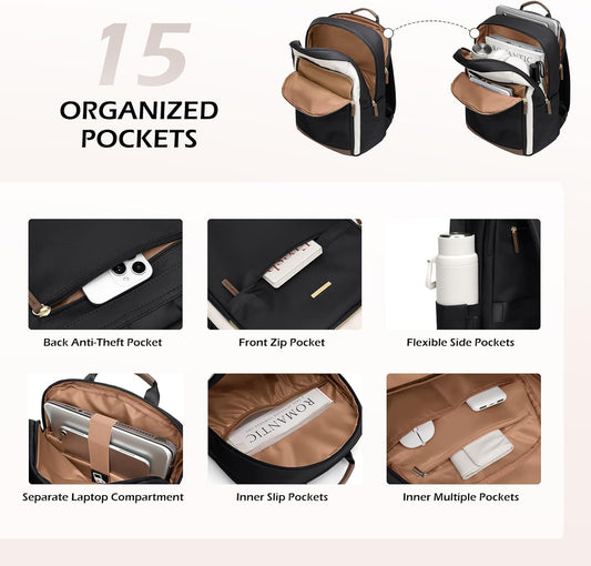 Laptop Backpack for Women Travel Carry On Bag Weekender Business Multilayer Personal Item Backpack,16 Inch,WBlack