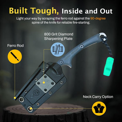 OUTDOOR ELEMENT Flicker Feather Knife Wise Owl GLOW - Right-Handed Survival Chisel Blade for Camping, Hunting, Culinary Knives & Bushcraft - Fixed Blade with Sheath, Firestarter and Emergency Whistle