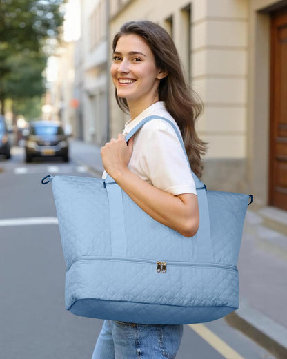 HOTOR Travel Duffel Bag - Weekender Bags for Women, Carry On Overnight Bag with Shoe Compartment, with Toiletry Bag for Travel Essentials and Travel Accessories, Blue, 13.4"×17.3"×7.9"