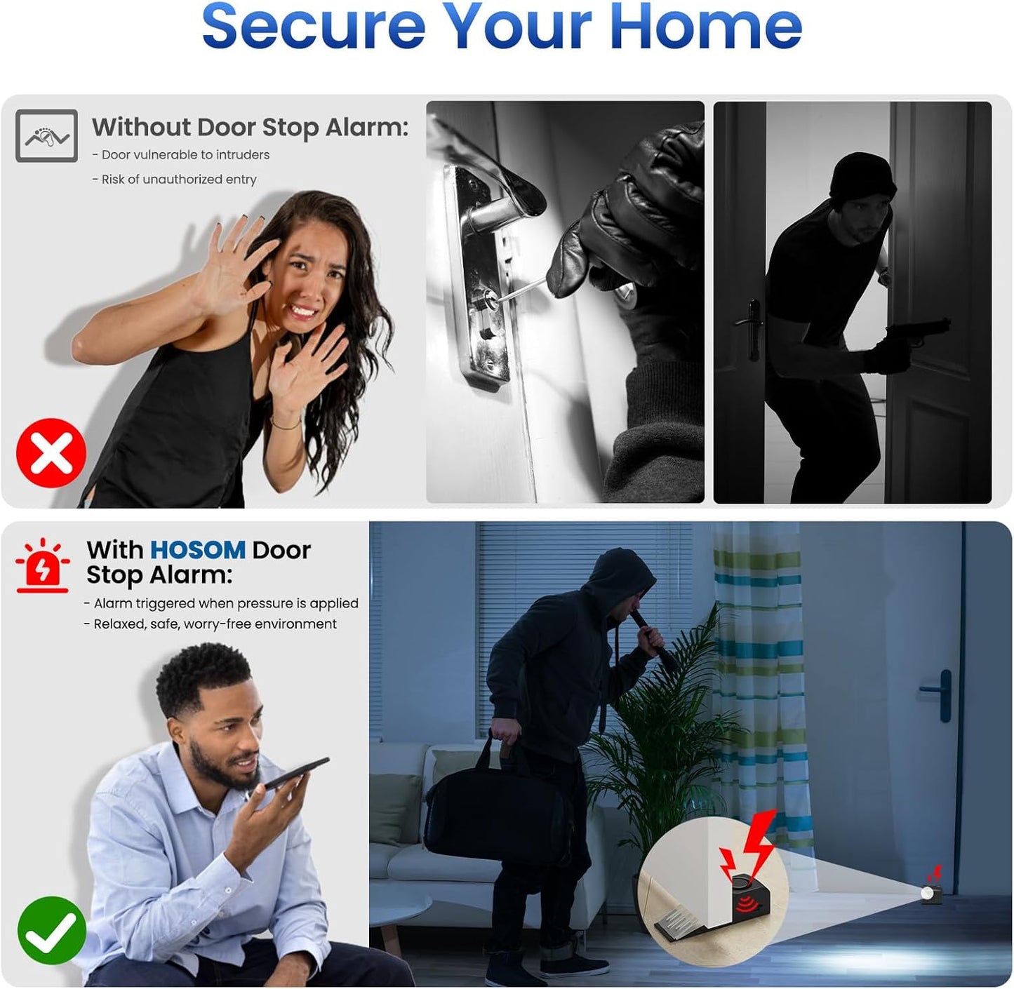 HOSOM Door Stop Alarm for Home & Travel Safety, 120dB Loud Siren Door Stoppers Security Device, Portable Anti-Slip Door Stop Wedge for Apartment, Hotel, Great for Travelers,1 Pack