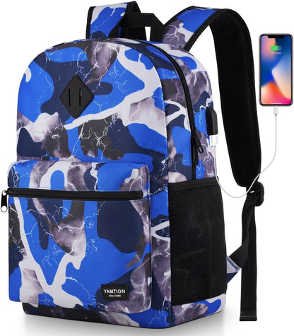 School Backpack Stone Textured,Classic Bookbag Men and Teen Boy Schoolbag with USB Charging Port for High School College Office Work Travel