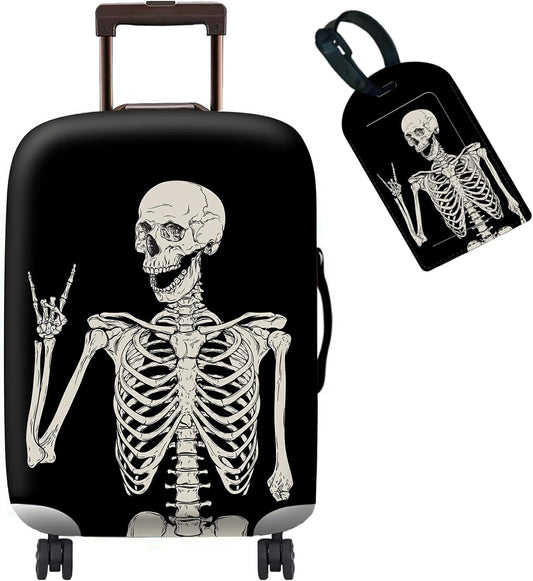Luggage Cover Suitcase Protector Plus 1 Luggage Tag, Rock Skull Travel Suitcase Cover Suitable for 18-20 inch Luggage (S) with Concealed Zipper Washable Elastic Cloth Dustproof Anti-Scratch