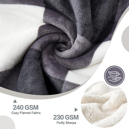 PU MEI Sherpa Blanket Fleece Throw Blanket Full Queen Plaid Thick Bed Blanket, Soft Warm Cozy Dark Grey Checkered Throw Blanket 80"*90"