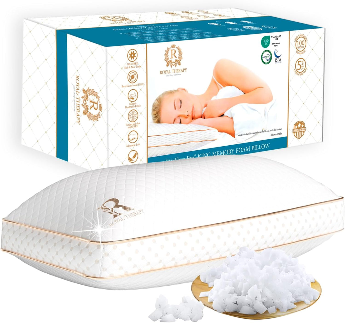 Royal Therapy King Memory Foam Pillows - Shredded Memory Foam Pillow for All Sleep Positions - Medium Firm Pillow with Adjustable Loft, Bamboo Rayon Cover, CertiPUR-US, Oeko-TEX Certified