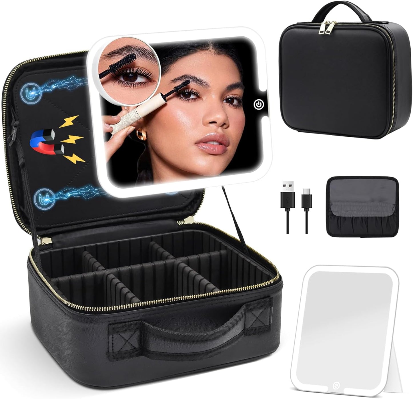 Makeup Bag with Magnetic Detachable Lighted Mirror 360° Swivel Angle, Travel Makeup Bag with Lights Portable Makeup Case Organizer with Mirror, Partition Cosmetic Bag Tools Accessories Train Case Gift