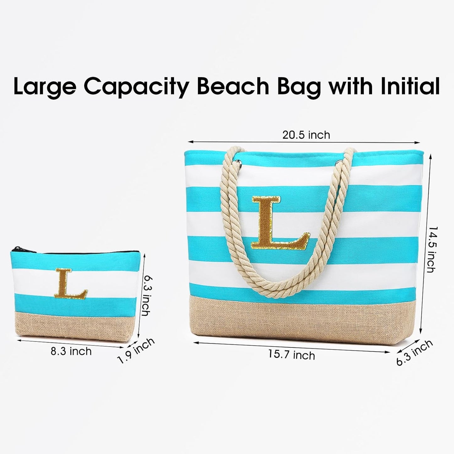 Becokan Beach Bag Initial Beach Tote with Makeup Bag for Travel Work Storage Personalized Birthday Gifts for Women Her