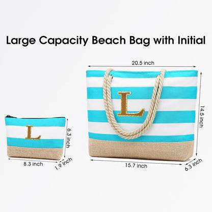 Becokan Beach Bag Initial Beach Tote with Makeup Bag for Travel Work Storage Personalized Birthday Gifts for Women Her