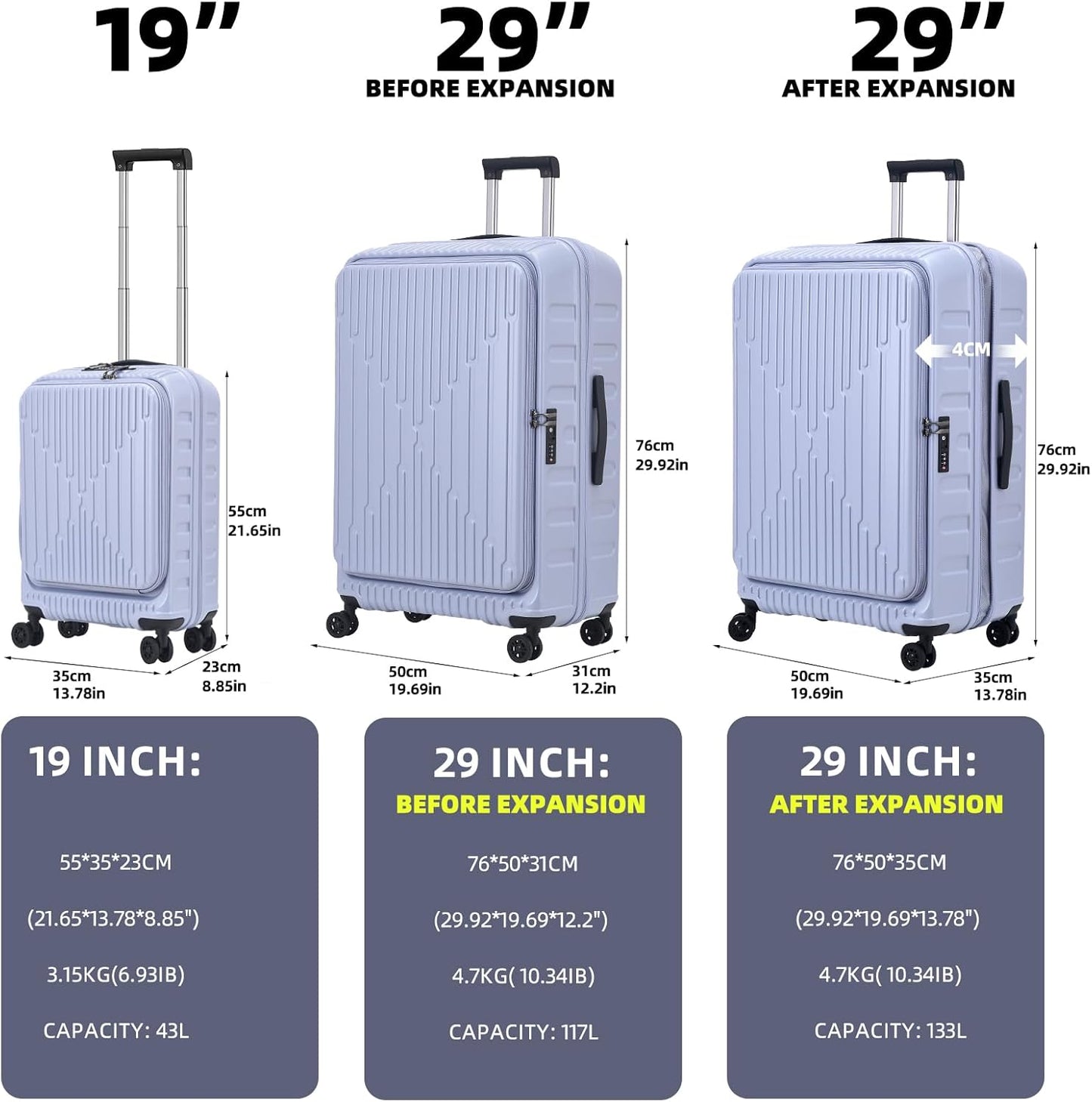 2 Pieces 19/29 Luggage Sets, 19 Inch Carry On Luggage with Front Pocket & 29 Inch Side Opening Suitcase, Ligthweight ABS+PC Hardshell, Lilac Purple