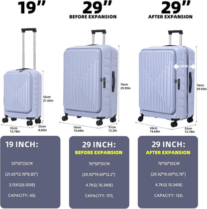 2 Pieces 19/29 Luggage Sets, 19 Inch Carry On Luggage with Front Pocket & 29 Inch Side Opening Suitcase, Ligthweight ABS+PC Hardshell, Lilac Purple