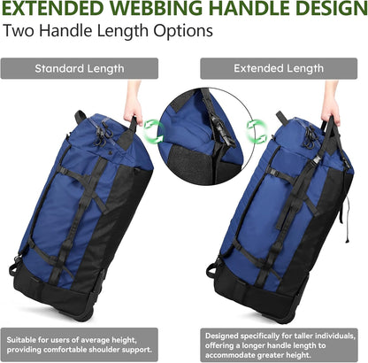Vomgomfom 86L Collapsible Wheeled Luggage with Removable Backpack Straps,Waterproof Rolling Duffle Bag with Quilted Base,No Telescope Handle,Navy