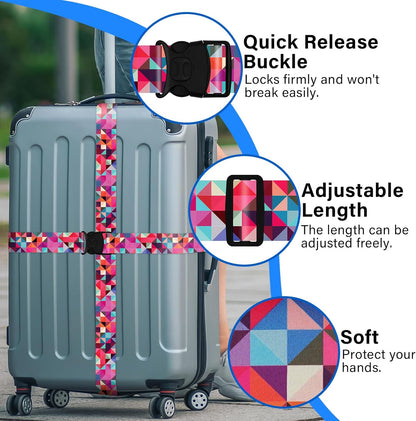 2 Pack Luggage Straps for Suitcases, Adjustable Travel Belt with Double Lock and Quick Release Buckle, Heavy Duty Nylon Bag Packing Strap, Bright Identifiers Business Travel Accessories-Colorful Block