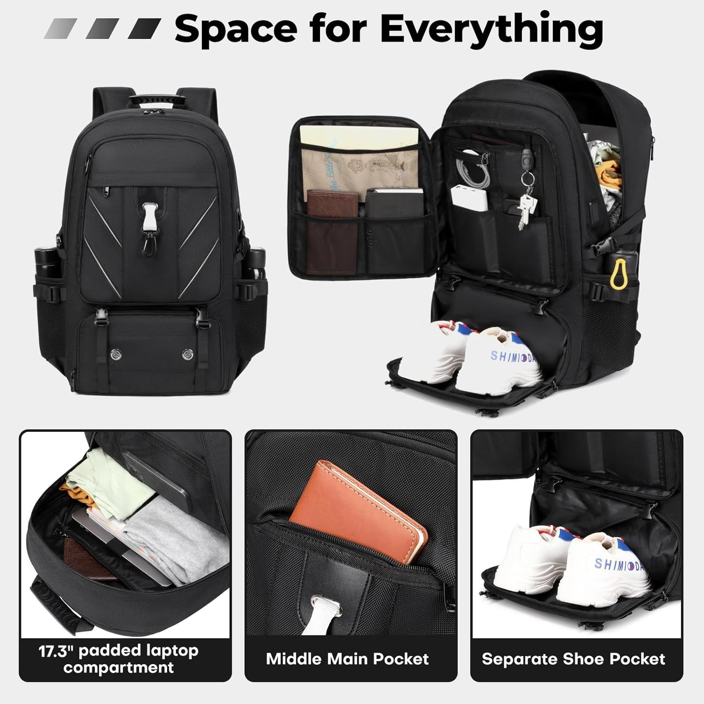 17.3 Inch Travel Laptop Backpack with Shoe Compartment,50L Carry on Flight Approved Backpacks Multiple Compartments,Water Resistant Anti Theft Bag with USB Charging Port,for Men Women