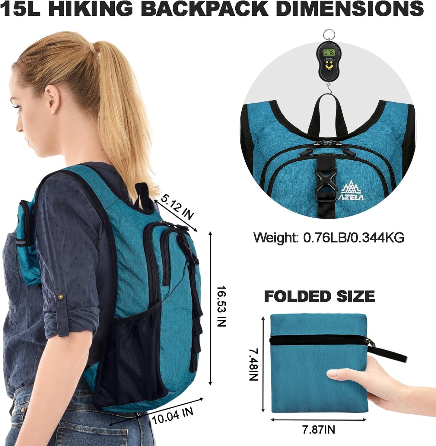 Seektop 15L Small Hiking Backpack for Women Men, Foldable Packable Backpack with Phone Pocket, Lightweight Travel Daypack for Hiking Camping Outdoor (Lake Blue)