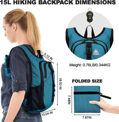 Seektop 15L Small Hiking Backpack for Women Men, Foldable Packable Backpack with Phone Pocket, Lightweight Travel Daypack for Hiking Camping Outdoor (Lake Blue)