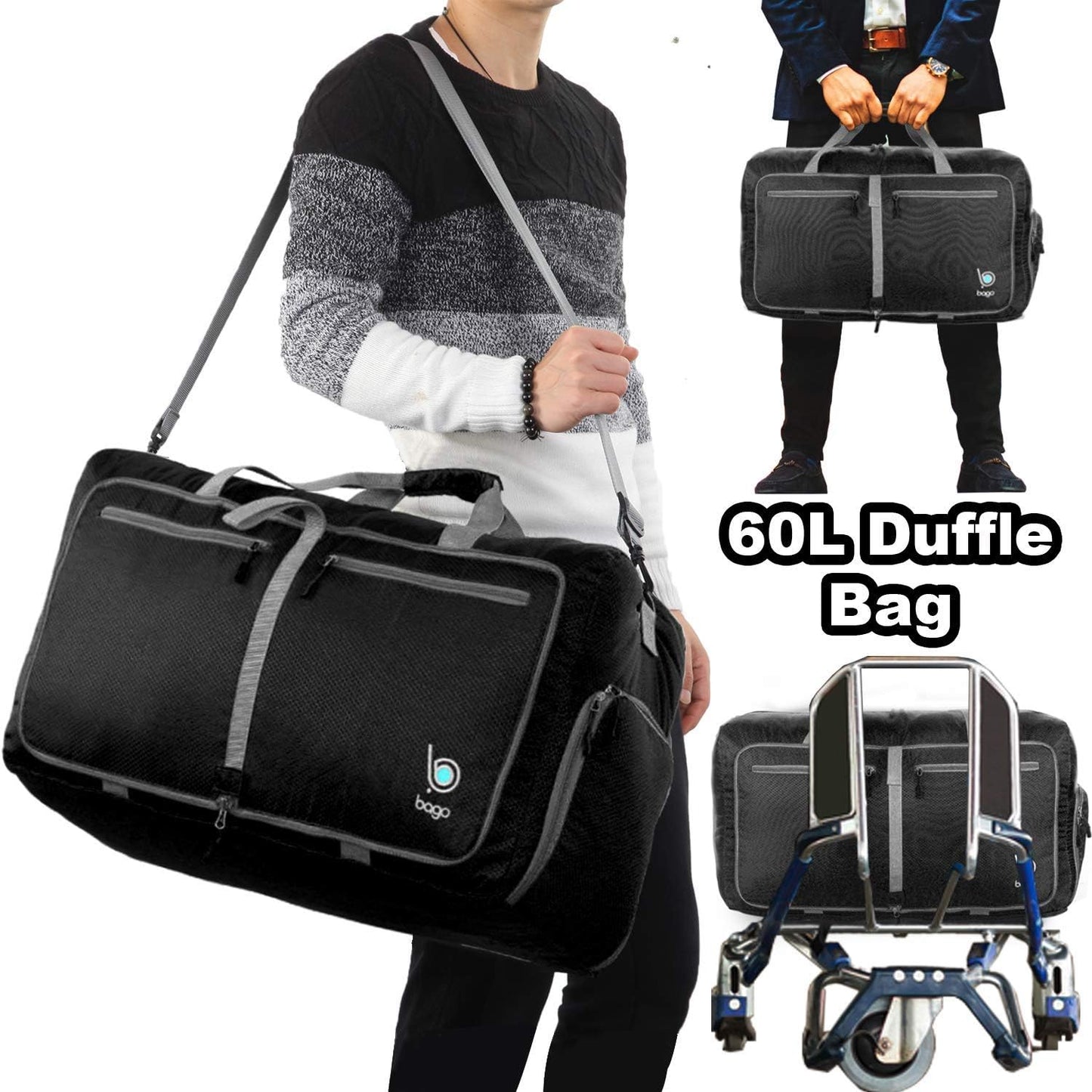 Bago Foldable Duffel Bags for Traveling Women & Men - 60L Medium Packable Duffle Bag for Travel with Shoe Compartment - Water Repellant, Heavy Duty, Lightweight Folding & Collapsible (Black)