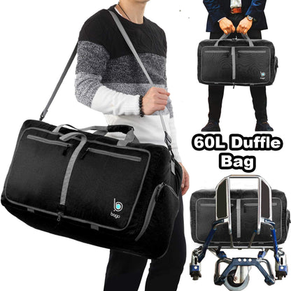 Bago Foldable Duffel Bags for Traveling Women & Men - 60L Medium Packable Duffle Bag for Travel with Shoe Compartment - Water Repellant, Heavy Duty, Lightweight Folding & Collapsible (Black)