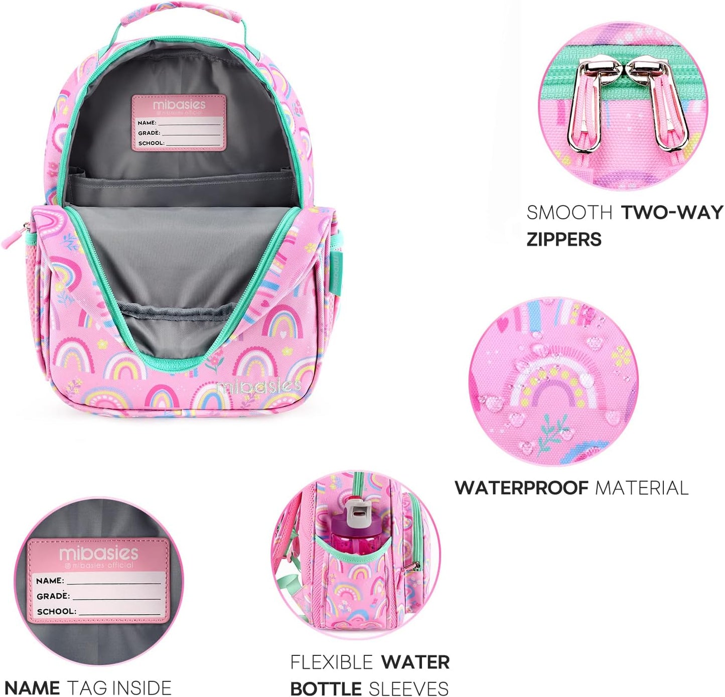 mibasies Toddler Backpack for Girls 2-4: Cute Kids Backpacks for Girls - Preschool Kindergarten Backpack - Rainbow Pink