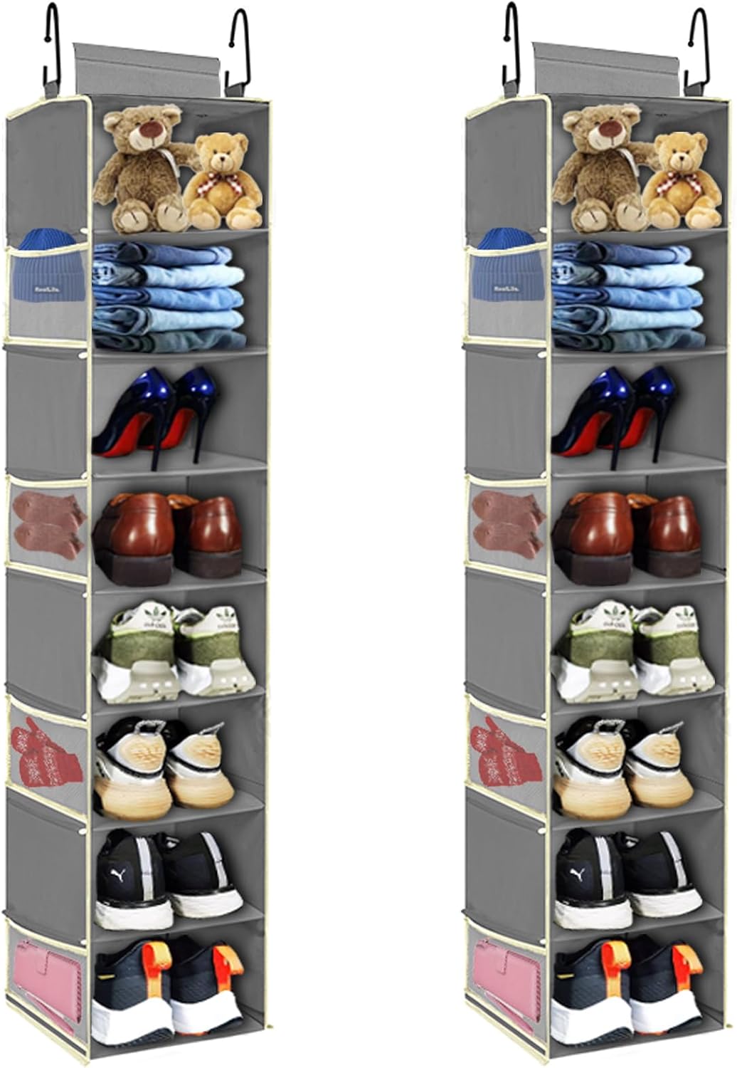 2 Pack Large-Sized Hanging Shoe Organizer 8-Shelf, Hanging Closet Organizer with 8 Side Pockets, Wider Hanging Shelves for Storage Shoes Clothes 9" W × 11.8" D× 48" H, Grey.