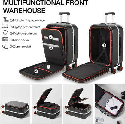 mixi Carry On Luggage, 20'' Suitcase with Front Laptop Pocket, Travel Rolling Luggage Aluminum Frame PC Hardside with Spinner Wheels & TSA Lock and Cover - Black Hollow Wheel