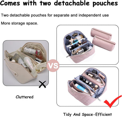 Travel Makeup Bags for Women Cosmetic Bag: Puffy Make up Bags Set of 3 - Vegan Leather Makeup Organizer - Waterproof Large Toiletry Bag with Compartments - Travel Essentials (Pink)