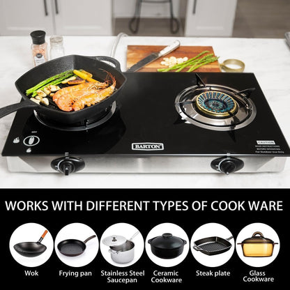 Barton Double Burner Stove w/Auto Ignition LPG Tempered Glass Outdoor Propane Portable Camping Cooktop Range 2-Burner Gas Burner