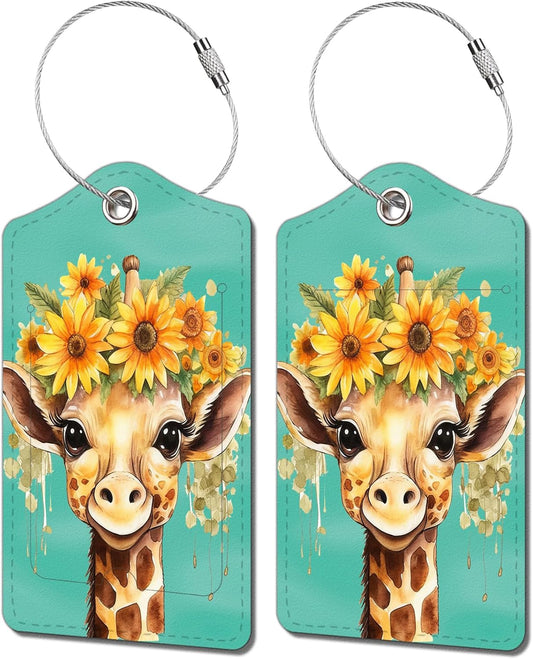 2 Pack Luggage Tag for Suitcase, Cute Unique Leather Bag Tags Identifiers Privacy Cover ID Label with Durable Steel Loop for Women Men Kids Girls Travel，GiraffeJ