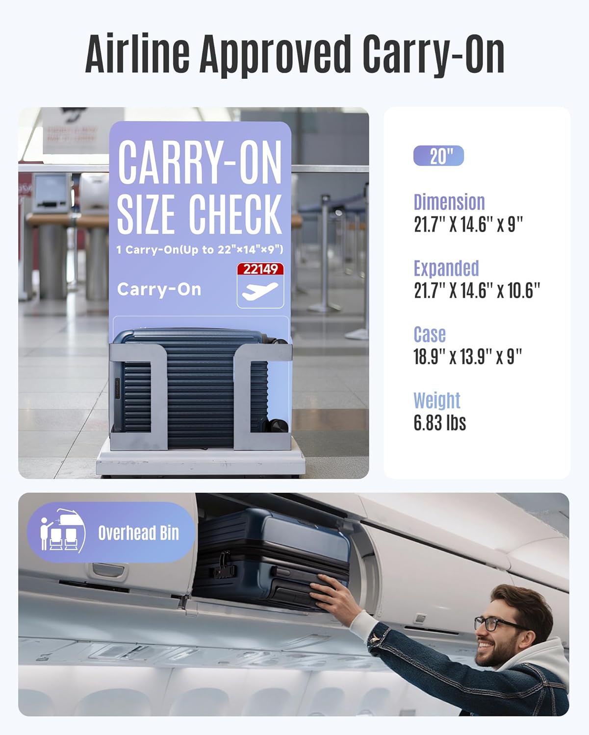 LIGHT FLIGHT Carry On Luggage 22x14x9 Airline Approved, Durable Hard Shell Carry On Suitcases with Wheels, Expandable Hardside Lightweight Travel Luggage with TSA Lock 20 Inch Carry on, Royal Blue