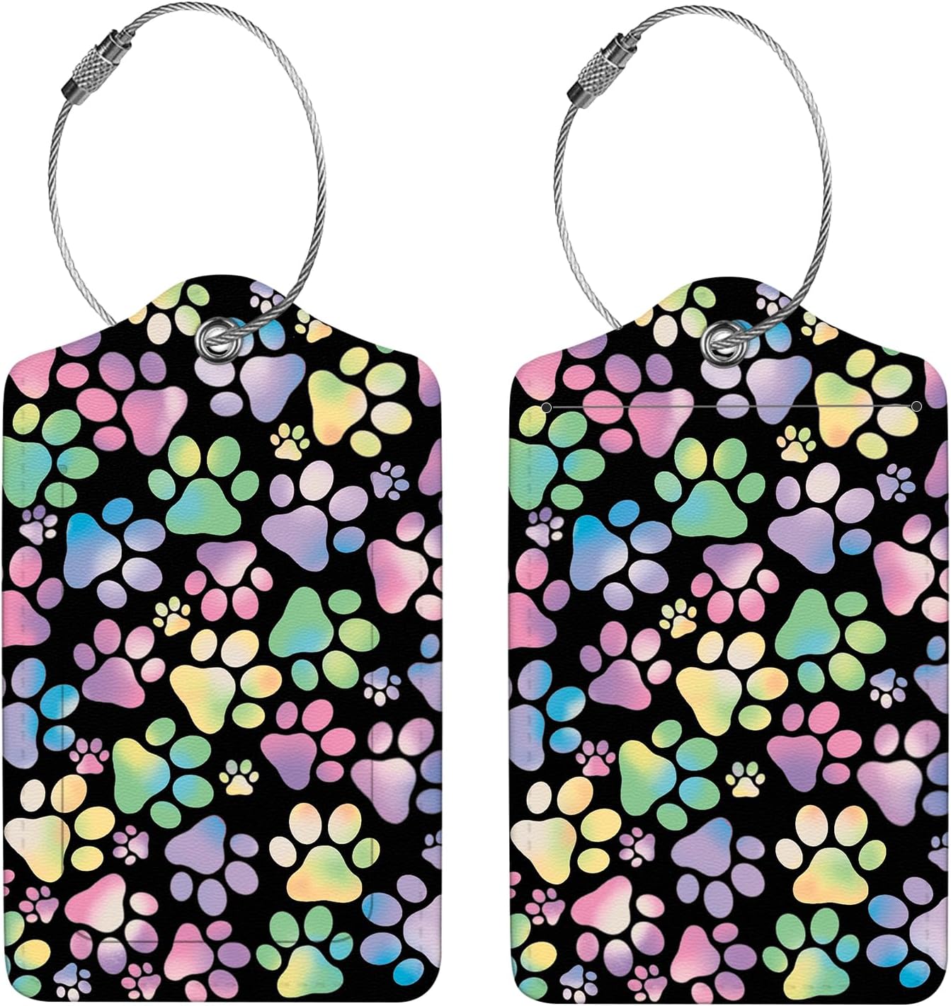 2 Pcs Luggage Tags for Suitcase, Cute Unique PU Leather Travel Bag Tag with Privacy Cover ID Label Address Card and Durable Metal Ring Suitable for Men Women Children Backpack,Colorful Dog Paw Prints