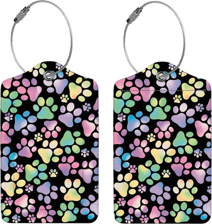 2 Pcs Luggage Tags for Suitcase, Cute Unique PU Leather Travel Bag Tag with Privacy Cover ID Label Address Card and Durable Metal Ring Suitable for Men Women Children Backpack,Colorful Dog Paw Prints
