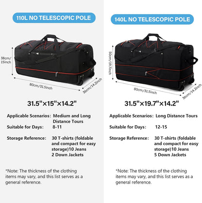 Vomgomfom Wheeled Collapsible Duffel Bag,110L-140L Expandable Checked Luggage, No-Telescopic-Handle with Anti-Burst Zipper & Reinforced Frame,Black-red