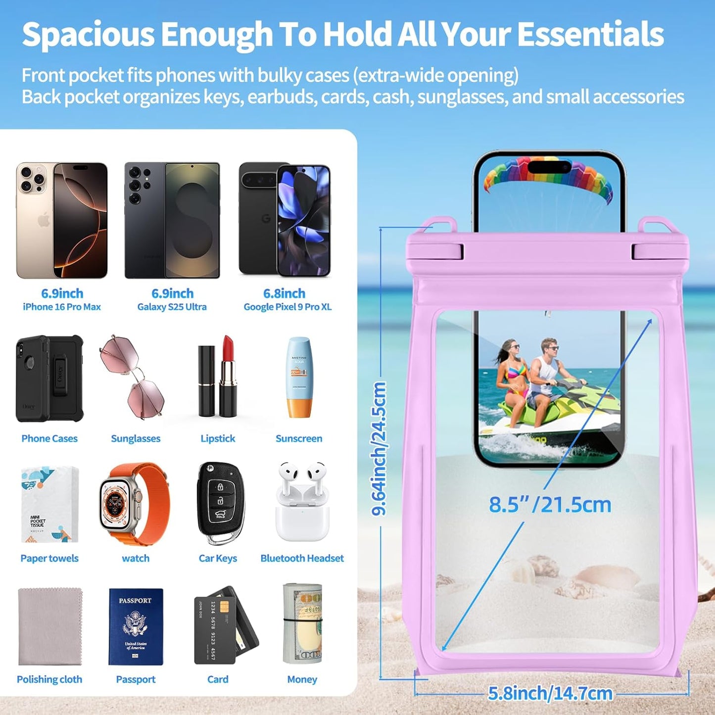 Large Waterproof Phone Pouch Floating, Waterproof Phone Case for iPhone 15 14 Pro Max 13 12 Plus 11 XS XR X Samsung up to 8.5'', IPX8 Water Proof Cell Phone Dry Bag for Beach Swimming Kayaking, Purple