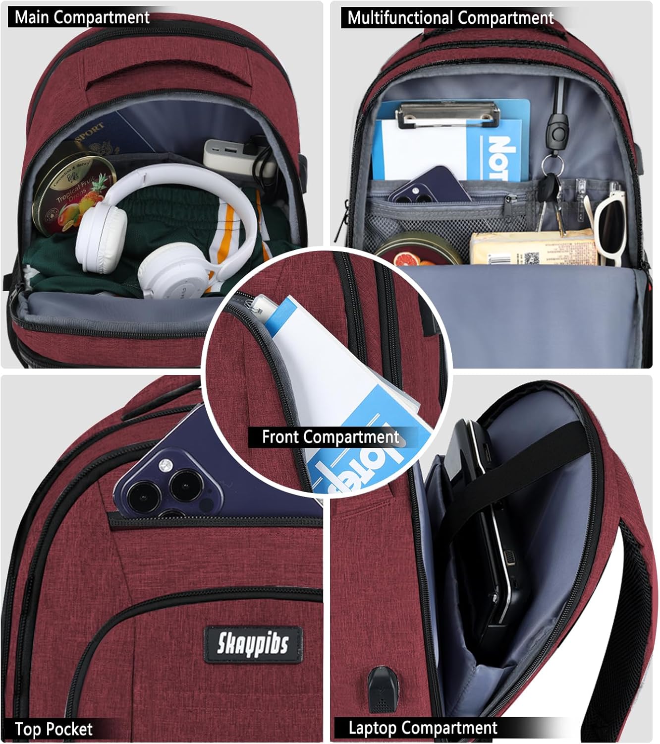 Backpack for Women Men, Travel School Backpacks for Teen Boys, Bookbag with USB Charging Port, Anti Theft College Backpack Fits 15.6 Inch Laptop, Casual Work Business Back Pack, Red