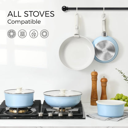 15Pcs Pots and Pans Set Non Stick, Cookware Sets with Detachable Handle, Nonstick RV Kitchen Cooking Tools Removable Handles, Oven Safe, Induction Fast, Stackable Induction Cookware, Blue