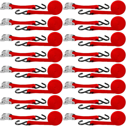 16 Pcs Cambuckle Tie Down Straps 1763lbs Break Strength Securing Straps 1'' x 15 ft Cambuckle Tie Downs with S Hook for Motorcycle, Kayak, Car, Truck, Boat Moving, Securing Cargo(Red)
