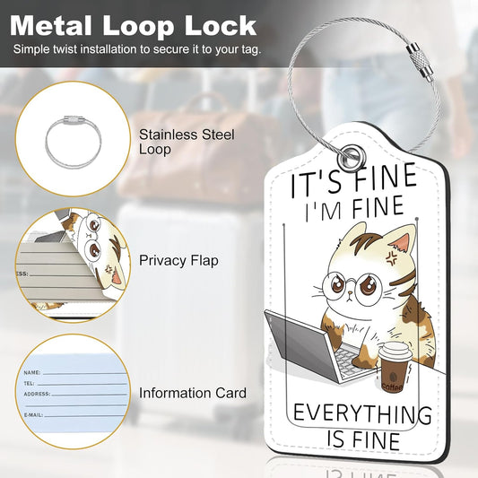 2Pack Luggage Tags for Suitcases, Cute Unique Pu Leather Cruise Luggage Tag with Privacy Cover ID Label Address Card and Metal Ring Suitable for Women Men Kids Girls Travel Bag Tag Angry Cat