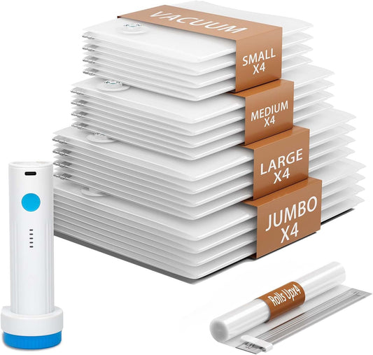 20 Pack Vacuum Storage Bags,Space Saver Bags for Clothing,Comforters,and Bedding,Includes 4 Jumbo, 4 Large, 4 Medium, 4 Small/4 Roll Bags,Compression for Closet & Travel, With Electric Pump